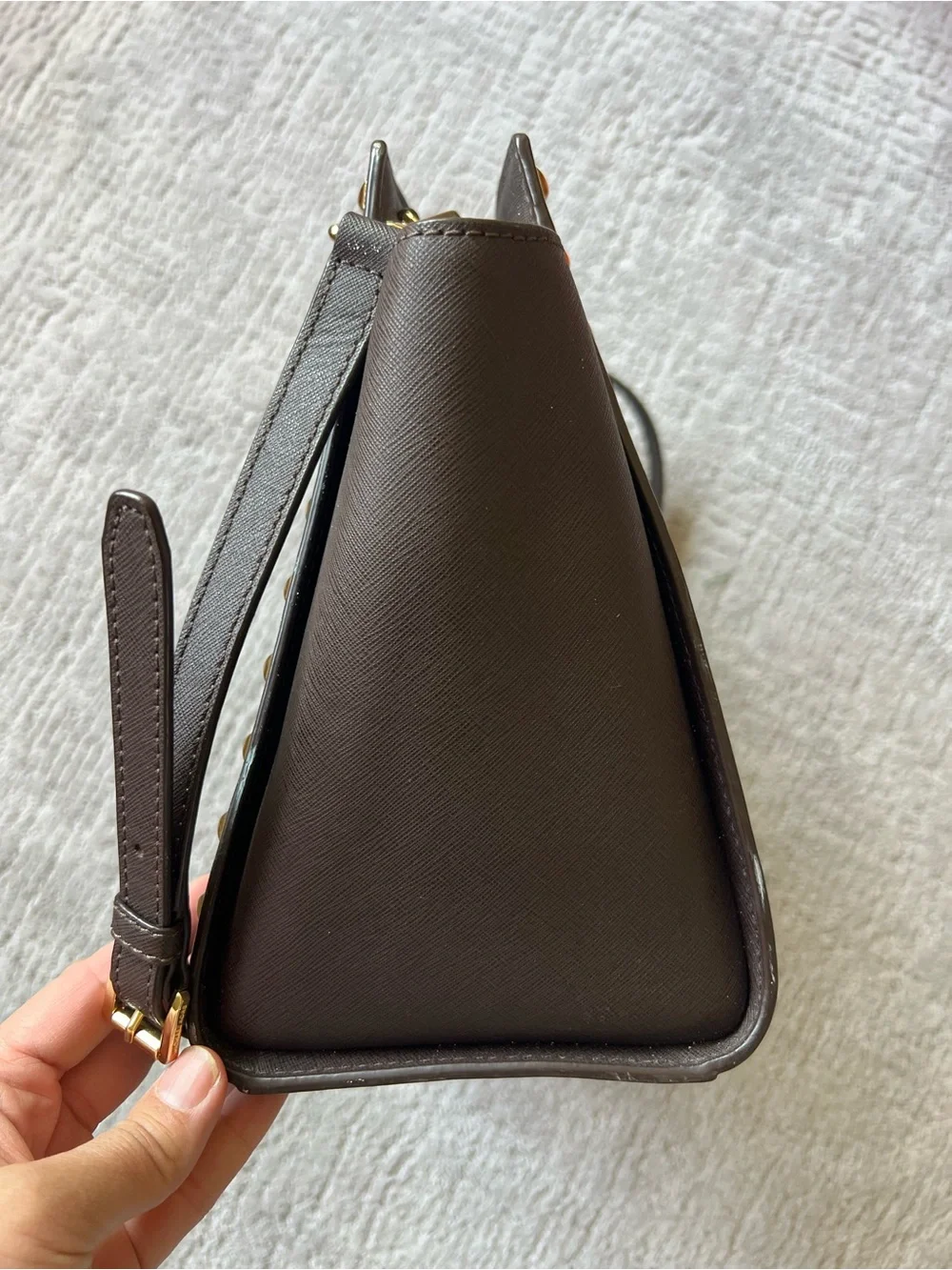 Michael Kors Dark Brown Saffiano Studded Tote with Gold Hardware